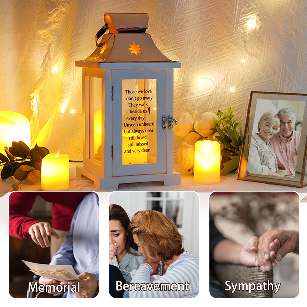 Hot Selling Memorial White Candle Lantern Stainless Steel Top Wooden Candle Holder Include Led Candle