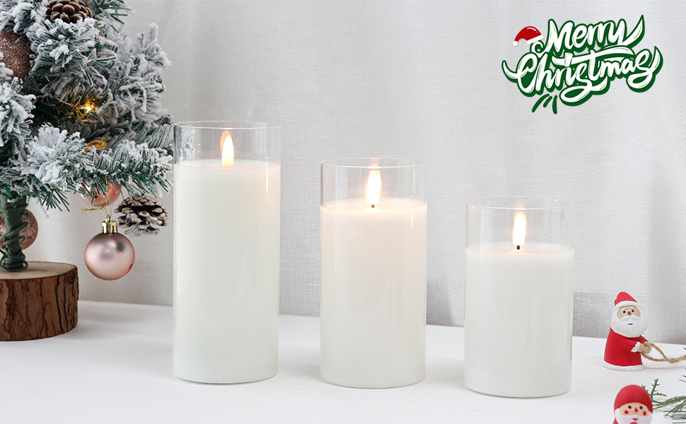 Classic Clear Glass Pillar Flameless Battery Powered Led Candle Set White Paraffin Wax 3D Real Flame Candles with Remote