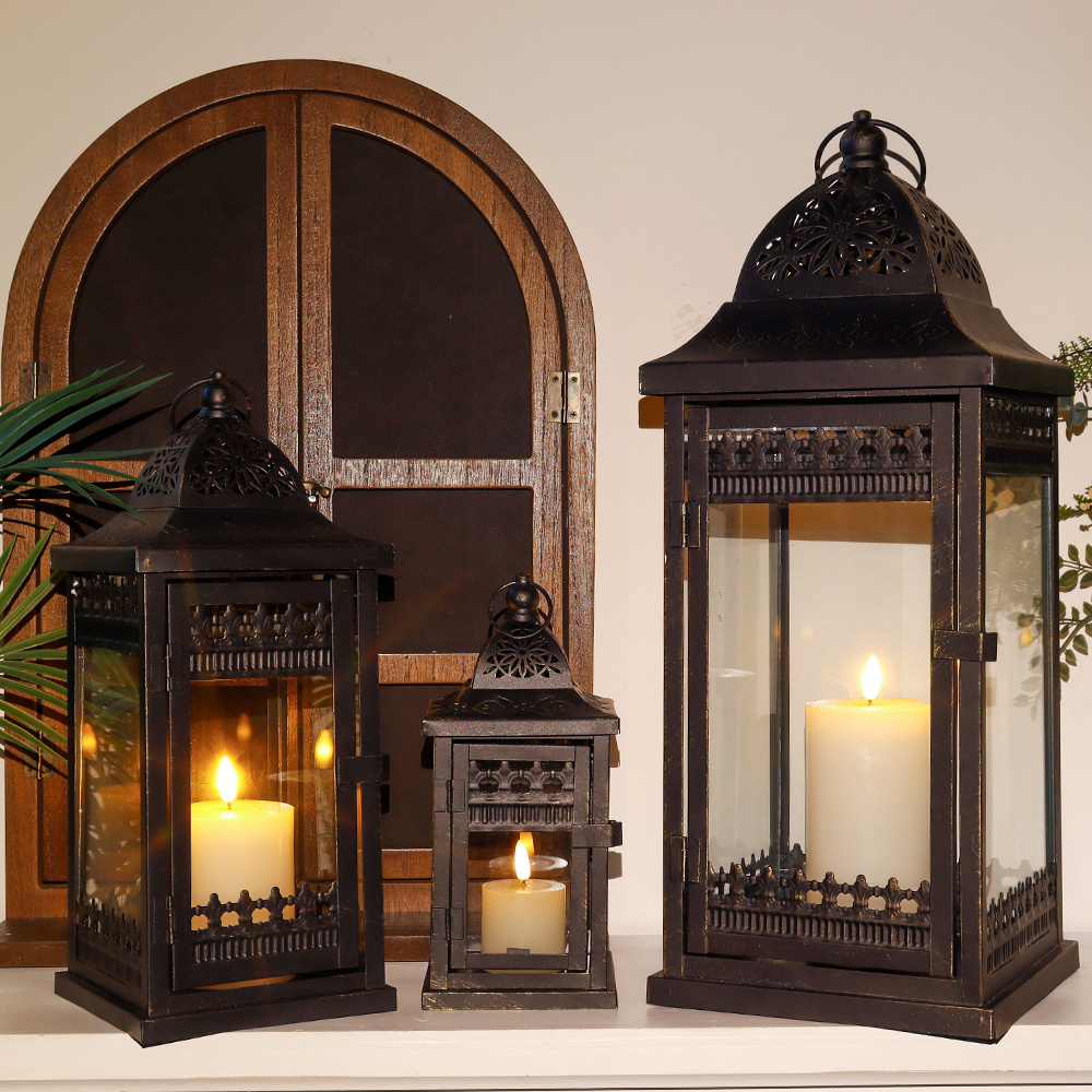 Set of Three Retro Style Candle Lantern Metal Pillar Portable Hanging Candle Holder for Outdoor Garden Decoration