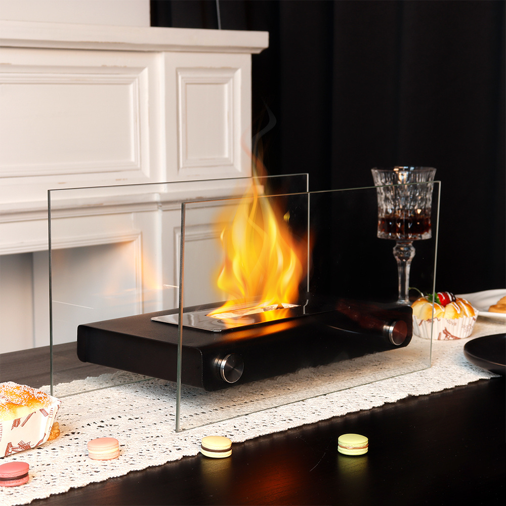 Portable Coffee Table Burner Fire Pit Desk Tabletop Bio Ethanol Glass Fireplace Three Fire Burner