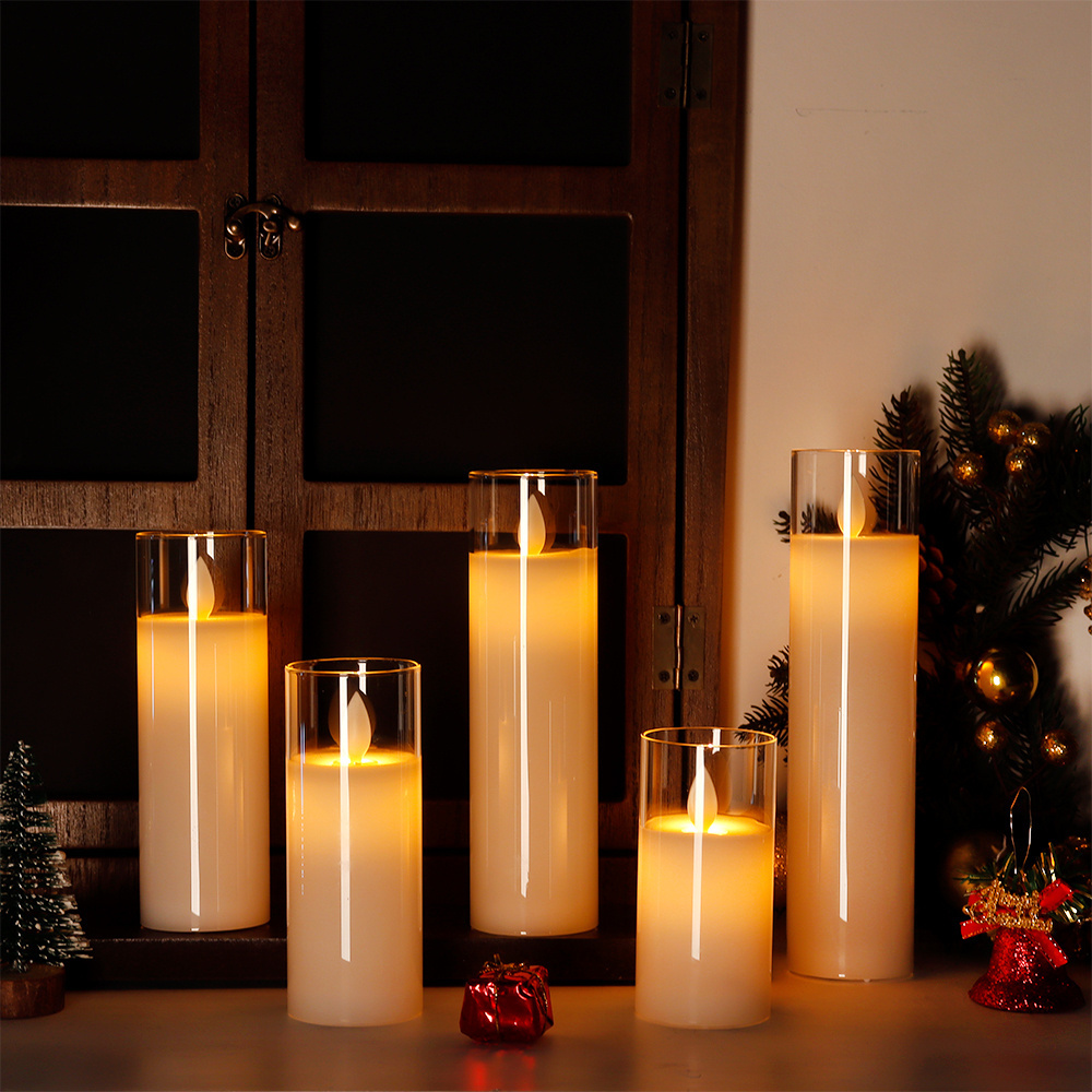 Set of 5 High Real Wax Battery Candle Flameless Pillar Flickering Led Candles with Remote Control for Home Festival Decoration