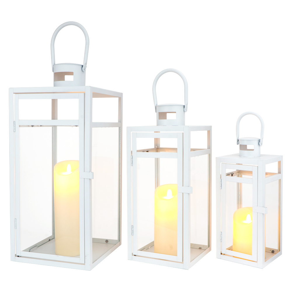 Set of 3 Modern Large Metal White Candle Lantern Garden Hanging Metal Candle Holder Home Outdoor Empty Lanterns For Wedding