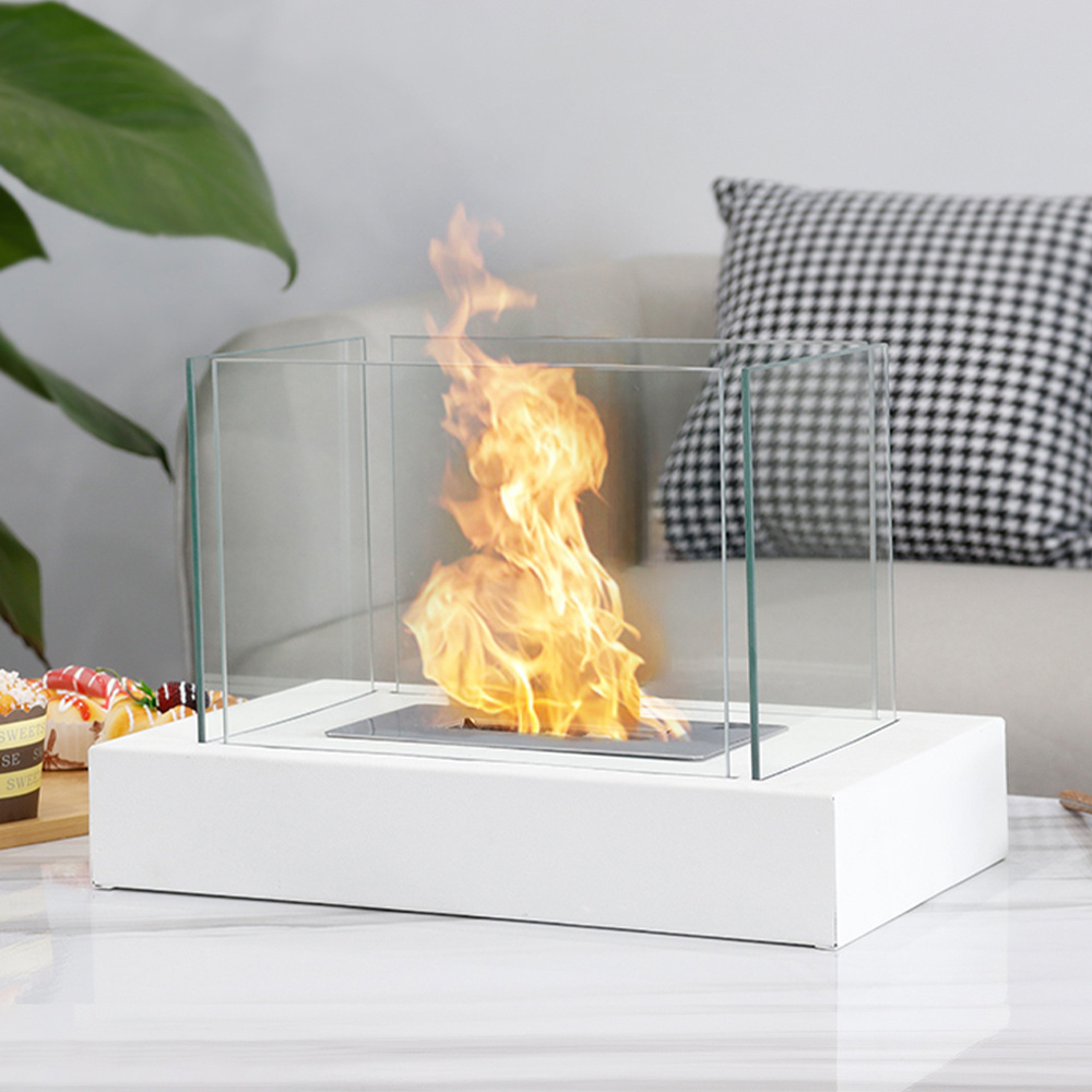 White Square Bio Ethanol Fireplace with 4 Sided Tempered Glass Insert Portable Table Top Fire Pit for Indoor Outdoor