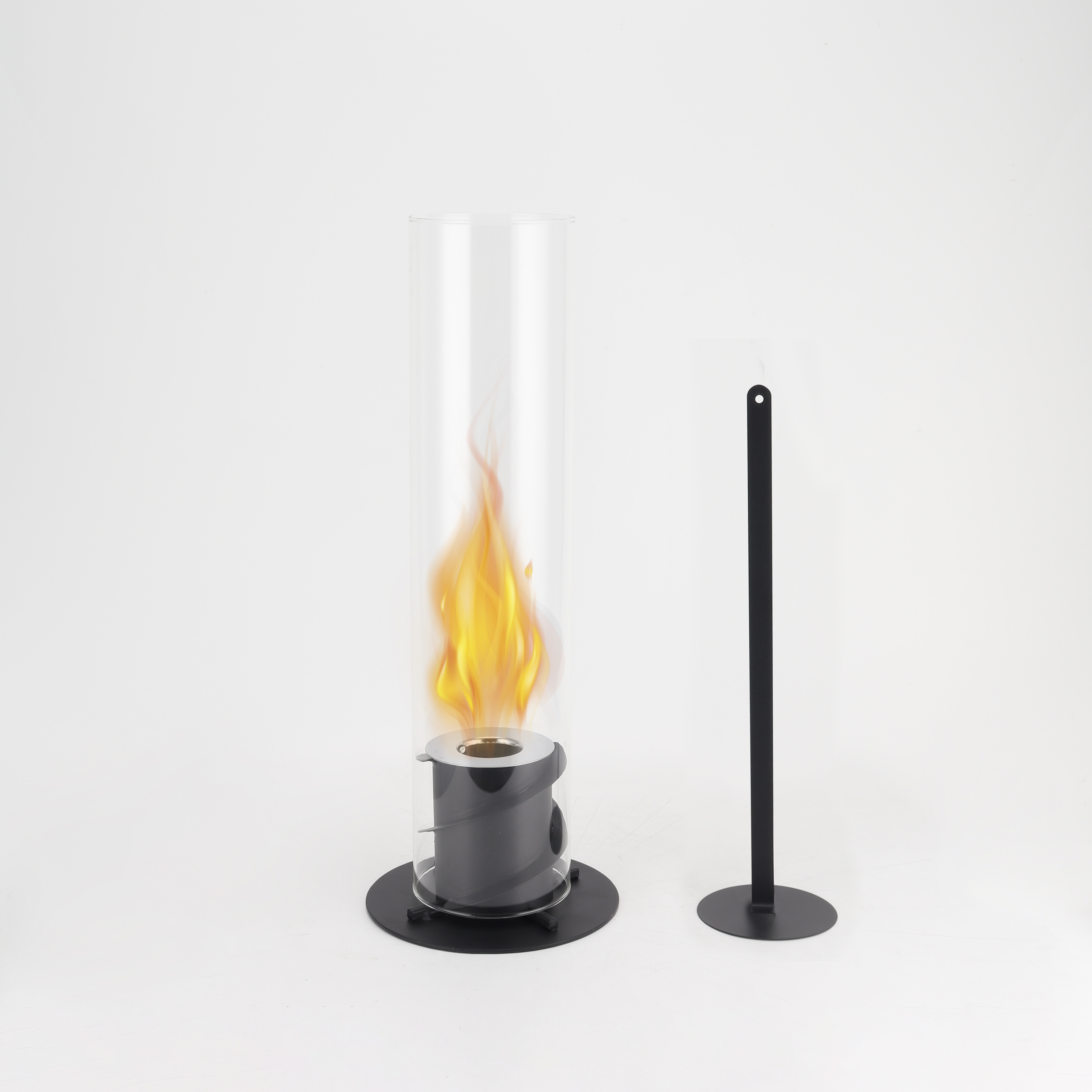 New Design Suspended Tall Glass Cylinder Table Fireplace Portable Spiral Base Ethanol Fireplace with Dancing Flames