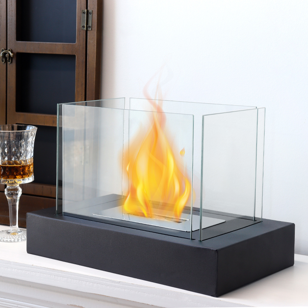 Hot Selling Square Bio Ethanol Fireplace with 4 Sided Tempered Glass Insert Portable Table Top Fire Pit for Indoor Outdoor