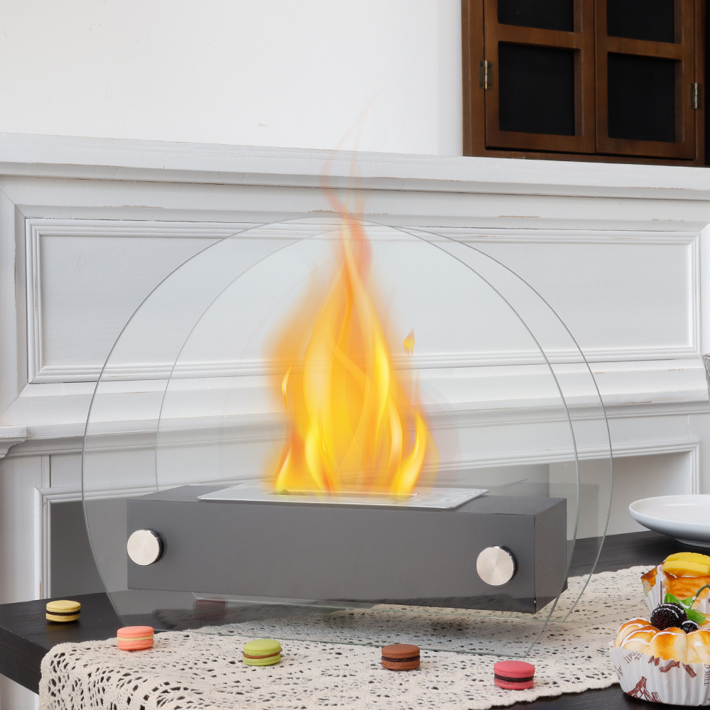 Double Sided Circular Glass Bioethanol Fireplace Removable Metal Tabletop Fireplace Festival Decorative Fire Pit