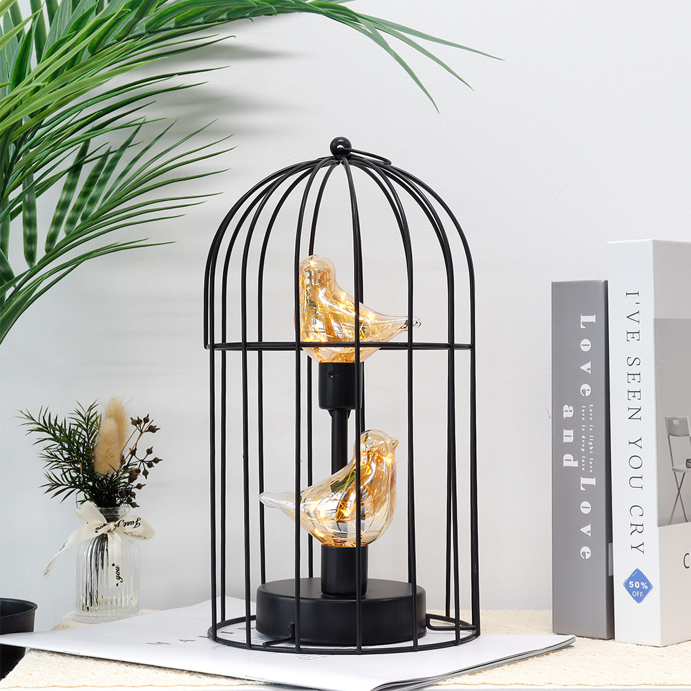 Metal Bird Cage Shape Hanging Lantern Battery Operated Lamp Cordless Accent Light with Fairy Lights Bird Bulb for Home Decor