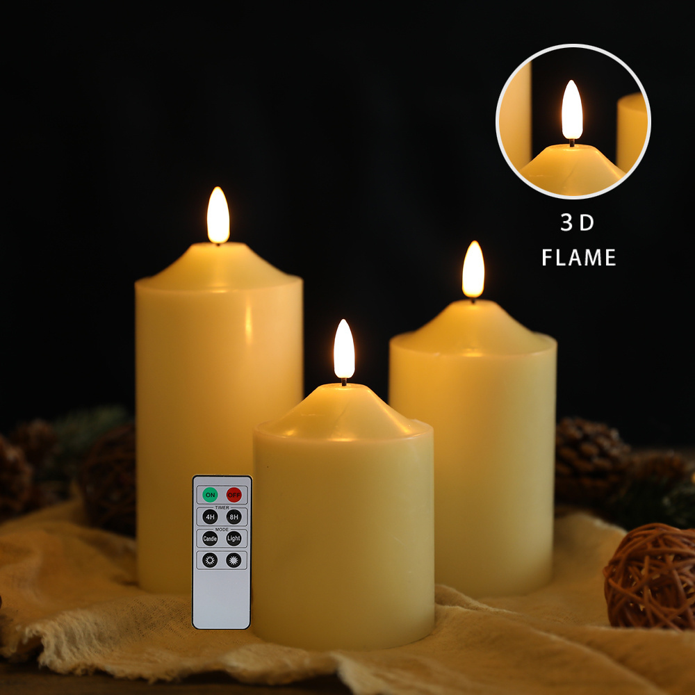 RTS 3D Flameless LED Candle Set 4/5/6inch High Real Wax Battery Candle Pillars Flickering LED Candles with Remote Control Timers