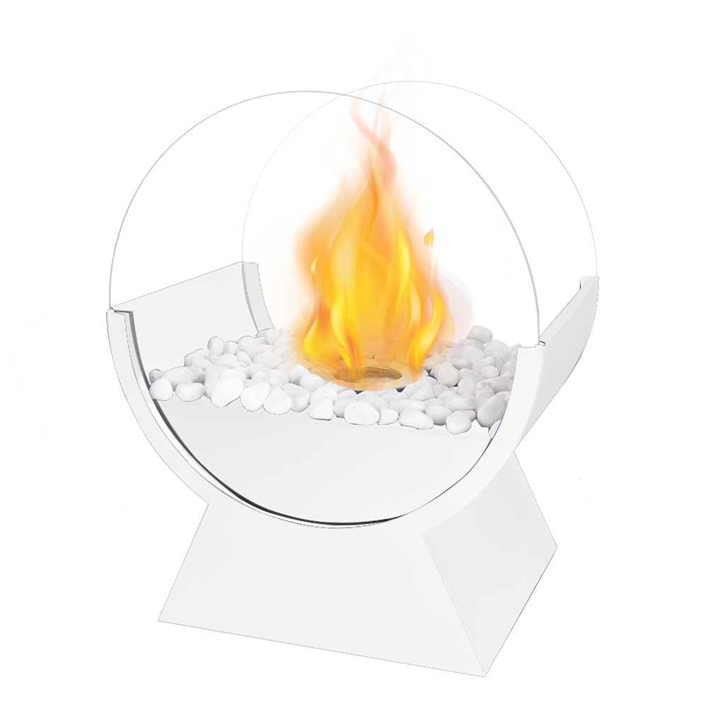 Large Table Ethanol Fireplace White Metal Quadruped Support Base Fireplace Decorative Table Fire Pit with Two Round Glasses