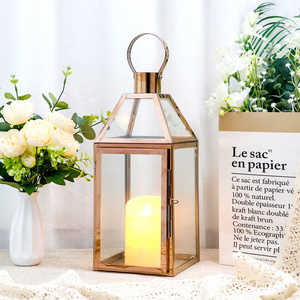 Rose Gold Metal Flame Glass Candle Lantern Stainless Steel Hanging Floor Lantern for Home Wedding Decor