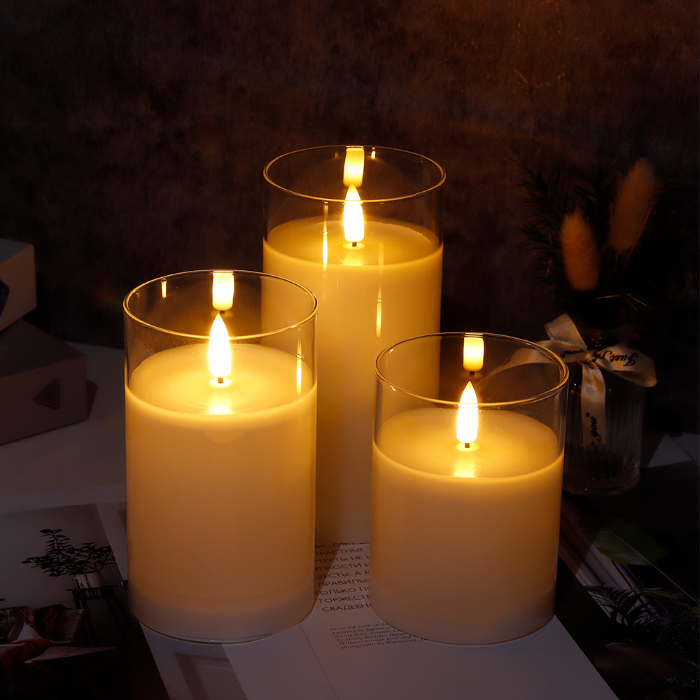 Classic Clear Glass Pillar Flameless Battery Powered Led Candle Set White Paraffin Wax 3D Real Flame Candles with Remote