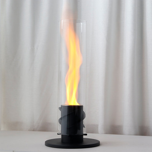 Customizable Color High Cylinder Glass Fireplace Metal Spiral Base Indoor Smokeless Table Fireplace Bioethanol Fire Pit