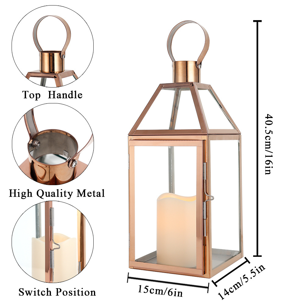 Rose Gold Metal Flame Glass Candle Lantern Stainless Steel Hanging Floor Lantern for Home Wedding Decor