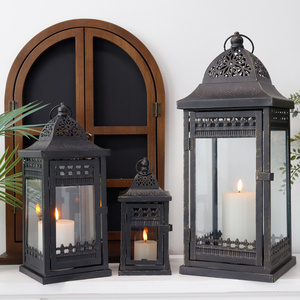 Set of Three Retro Style Candle Lantern Metal Pillar Portable Hanging Candle Holder for Outdoor Garden Decoration