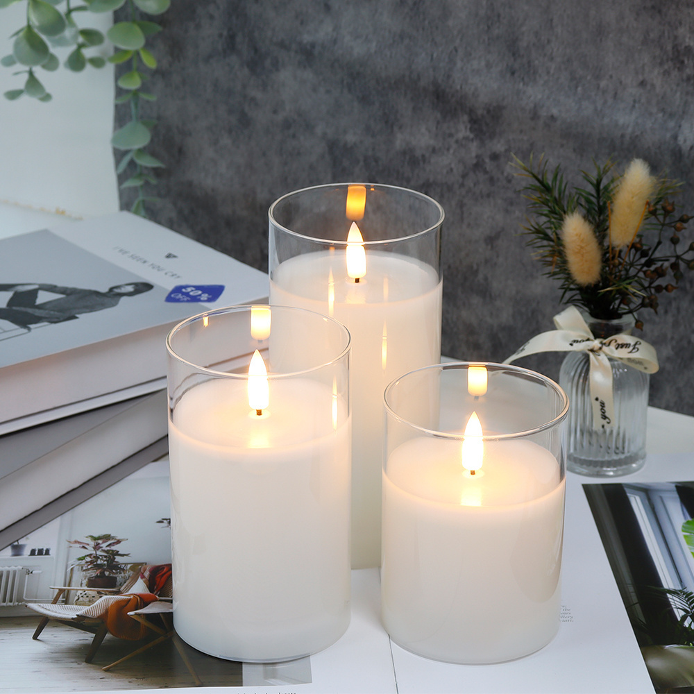 Classic Clear Glass Pillar Flameless Battery Powered Led Candle Set White Paraffin Wax 3D Real Flame Candles with Remote