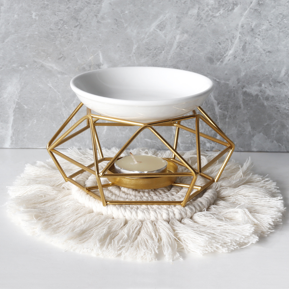 Nordic luxury gold incense iron candlestick geometric metal iron wire candle holder with porcelain dish