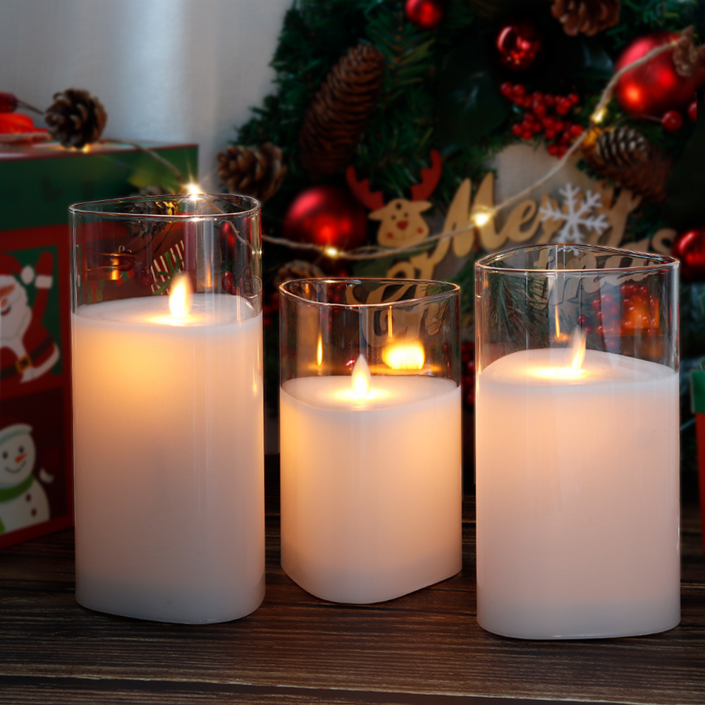 Set of 3 White Real Wax Candle LED Light Glass Triangle Flameless LED Candles with 6 Hours Timer For Christmas and Other Parties