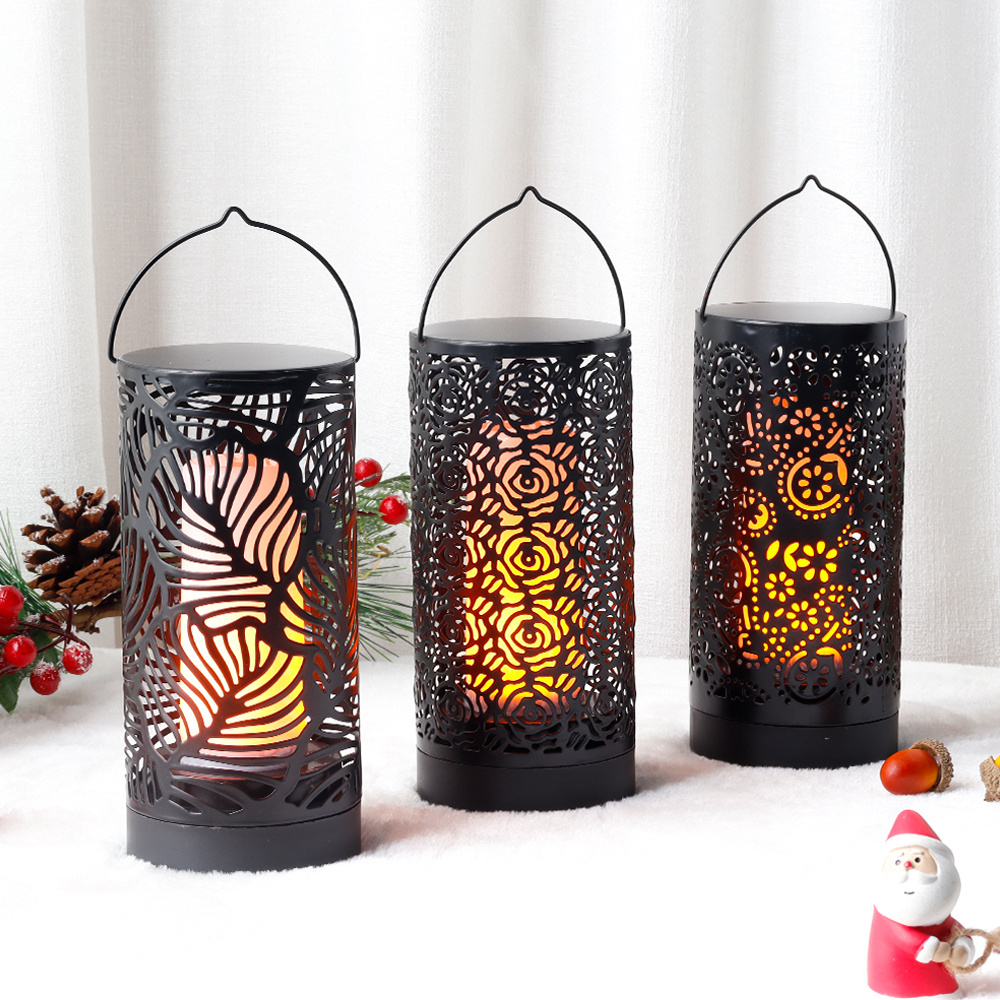 High Quality Set Of 3 Black Metal Pillar Flame Lamp Night Lights Outdoor Garden Holiday Decor Lighting Bar Flame Lamp