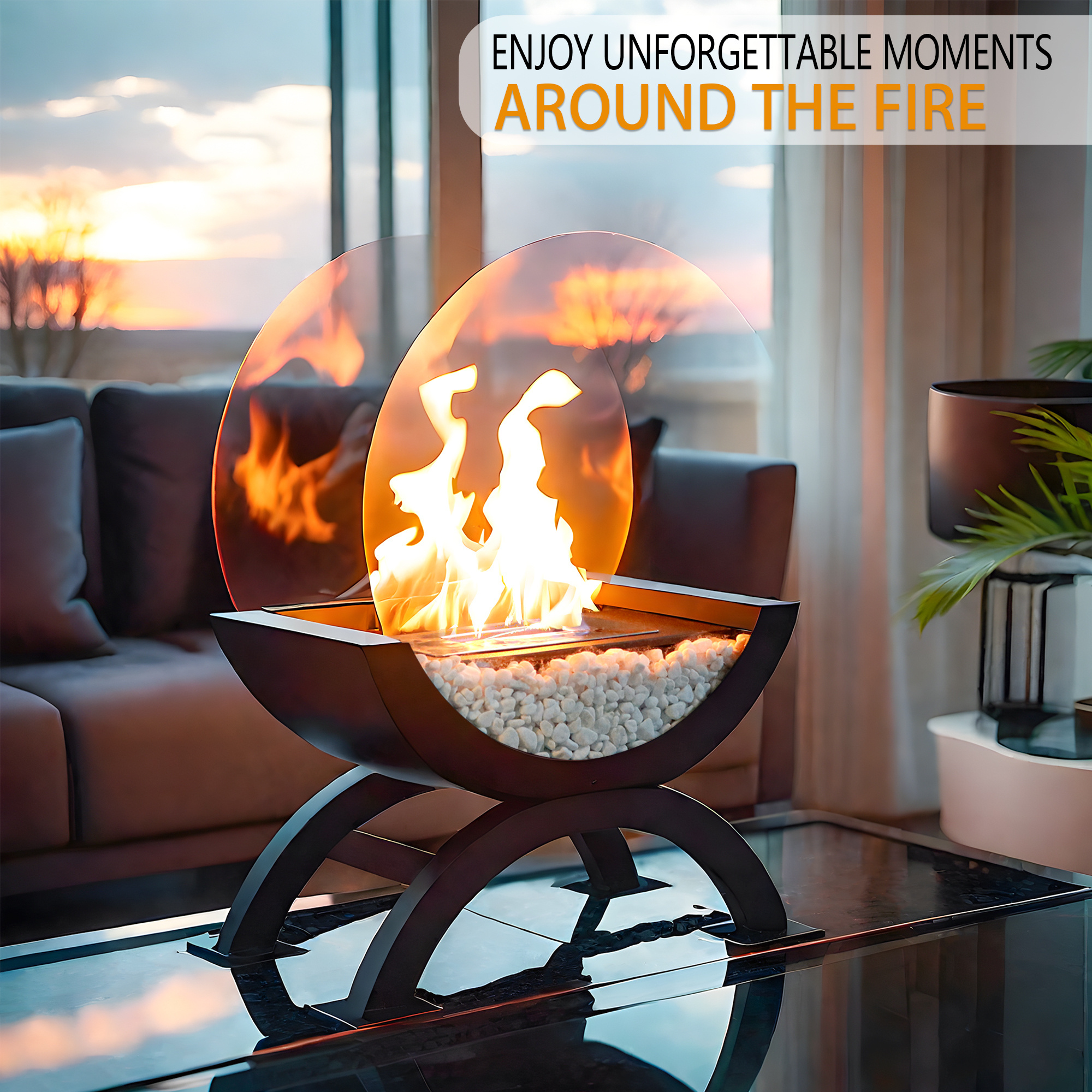 Round Large Floor Ethanol Fireplace Black Iron Decorative Firepit Glass Fireplace With White Stone