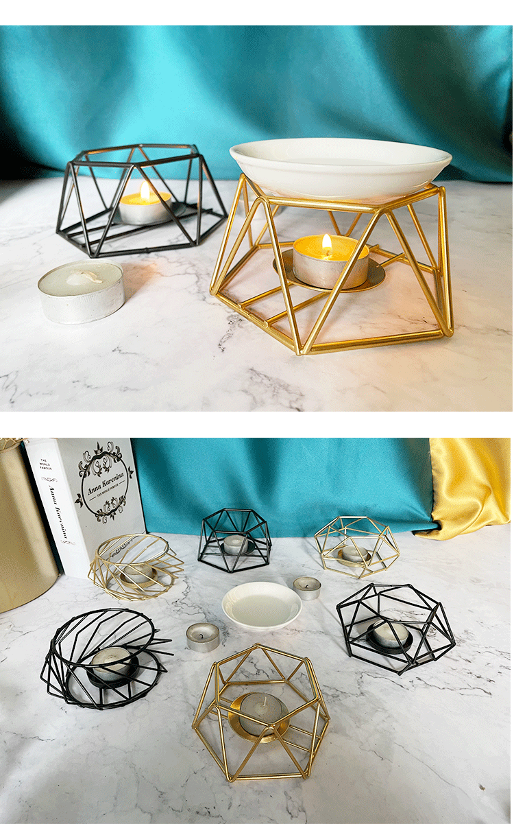 Nordic luxury gold incense iron candlestick geometric metal iron wire candle holder with porcelain dish