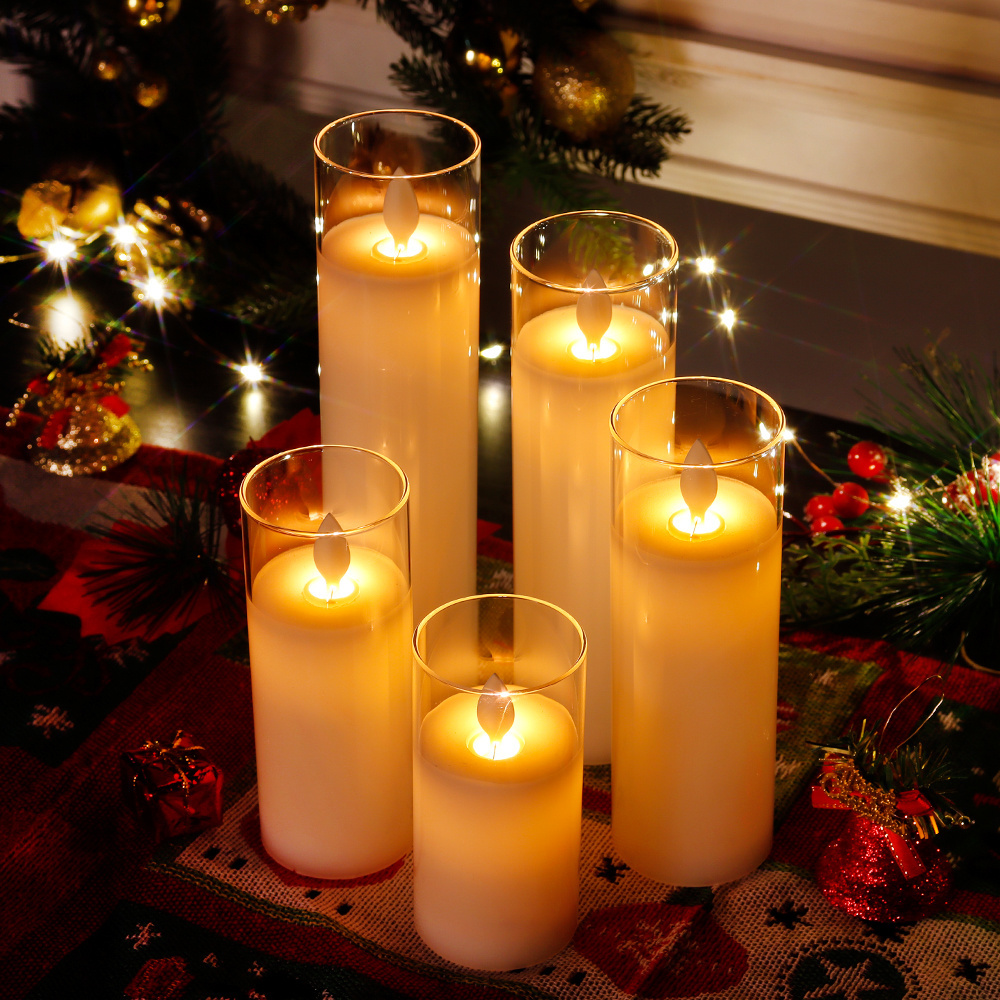 Set of 5 High Real Wax Battery Candle Flameless Pillar Flickering Led Candles with Remote Control for Home Festival Decoration