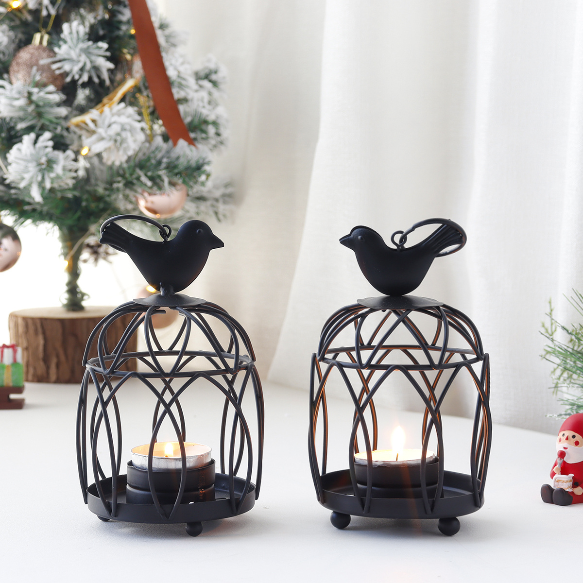 2 Piece Bird Top Black Small Hanging Birdcage Tealight Lantern Decorative Candle Holders for Table Wedding Party