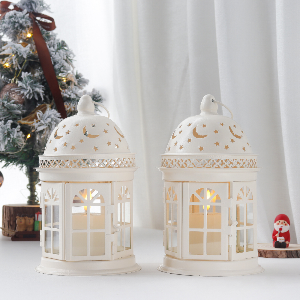 Set of 2 White Vintage Style Hanging Lantern Hollow Moon Stars Pattern Metal Candle Holder with Flameless Candles Garden Decor