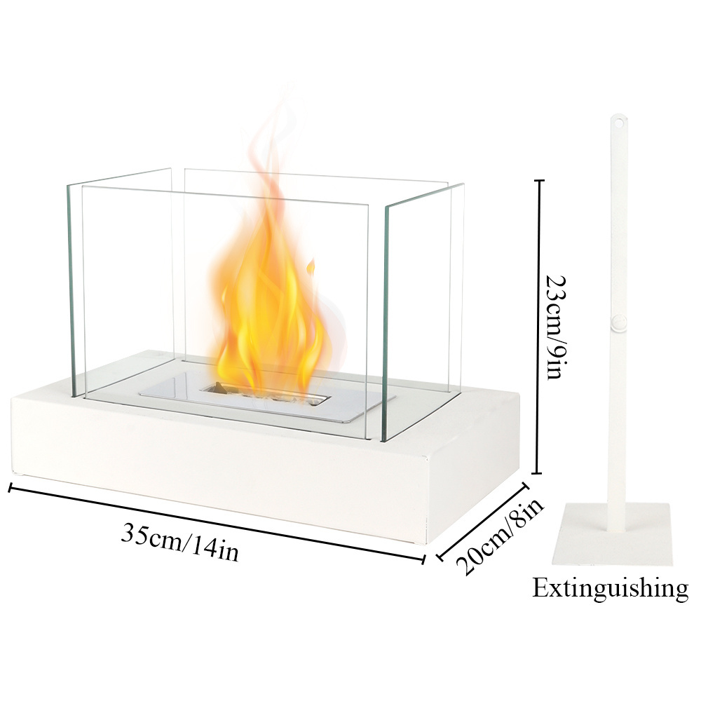 White Square Bio Ethanol Fireplace with 4 Sided Tempered Glass Insert Portable Table Top Fire Pit for Indoor Outdoor