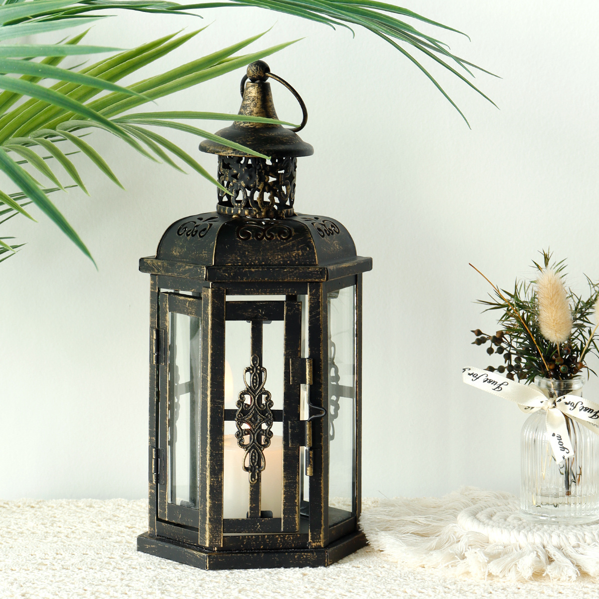 Black Metal Candle Holder Lantern Decorative Hanging Lantern for Candles Great for Indoor Outdoor Party Halloween Decor