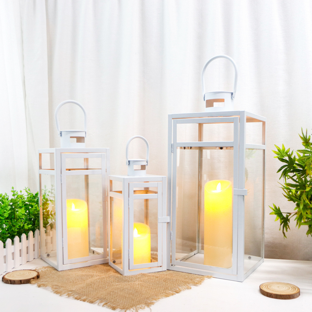 Set of 3 Modern Large Metal White Candle Lantern Garden Hanging Metal Candle Holder Home Outdoor Empty Lanterns For Wedding