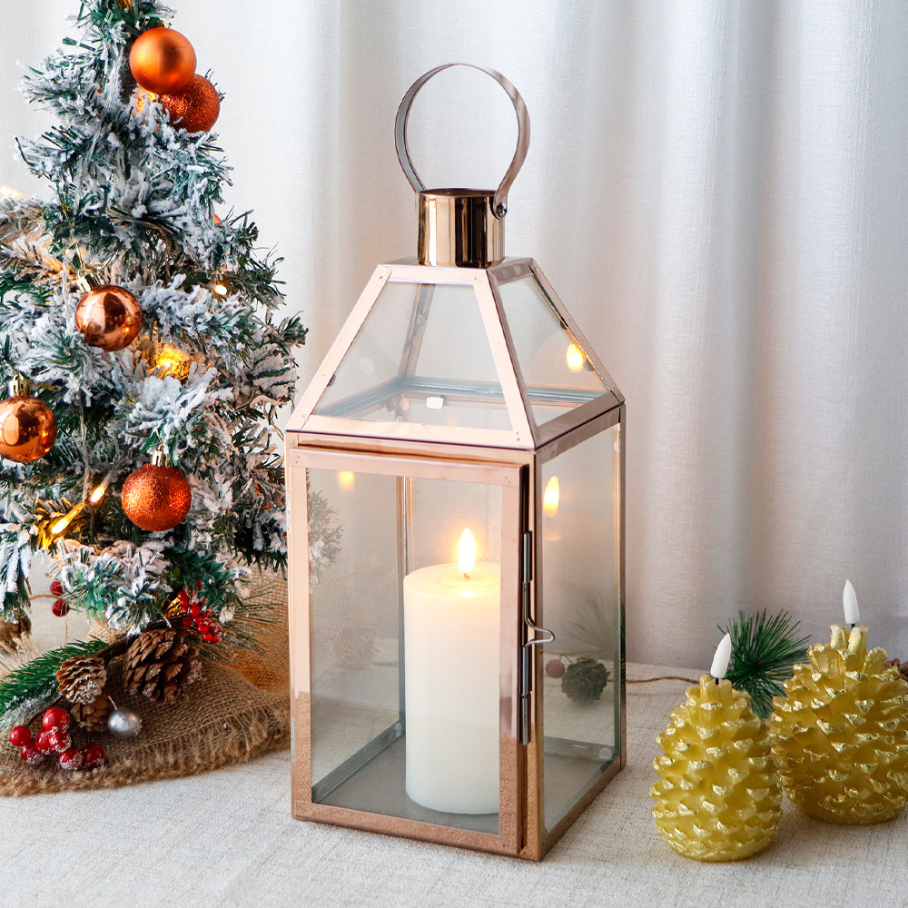 Rose Gold Metal Flame Glass Candle Lantern Stainless Steel Hanging Floor Lantern for Home Wedding Decor