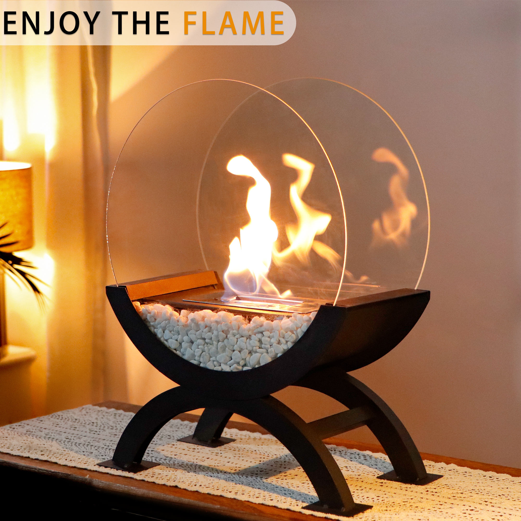 Round Large Floor Ethanol Fireplace Black Iron Decorative Firepit Glass Fireplace With White Stone