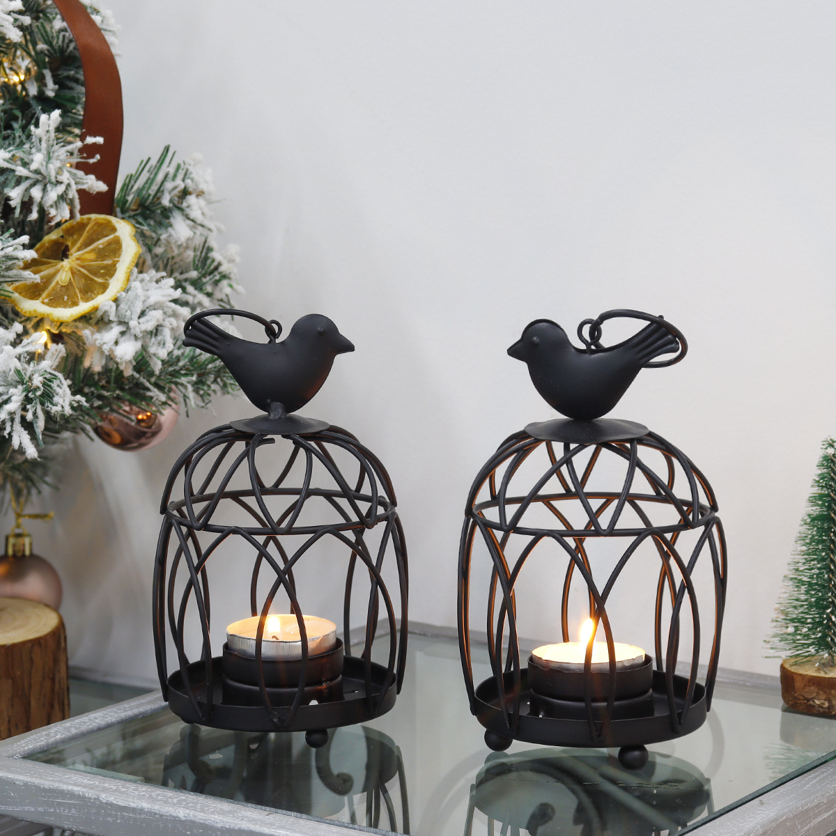 2 Piece Bird Top Black Small Hanging Birdcage Tealight Lantern Decorative Candle Holders for Table Wedding Party