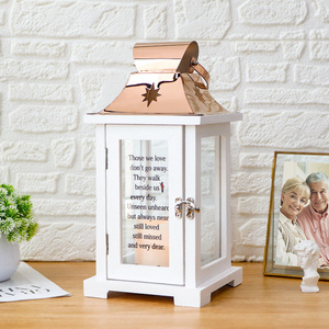 Hot Selling Memorial White Candle Lantern Stainless Steel Top Wooden Candle Holder Include Led Candle