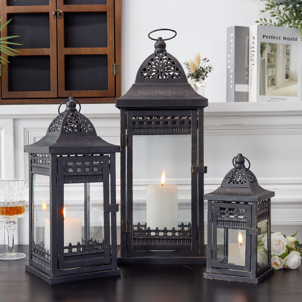 Set of Three Retro Style Candle Lantern Metal Pillar Portable Hanging Candle Holder for Outdoor Garden Decoration