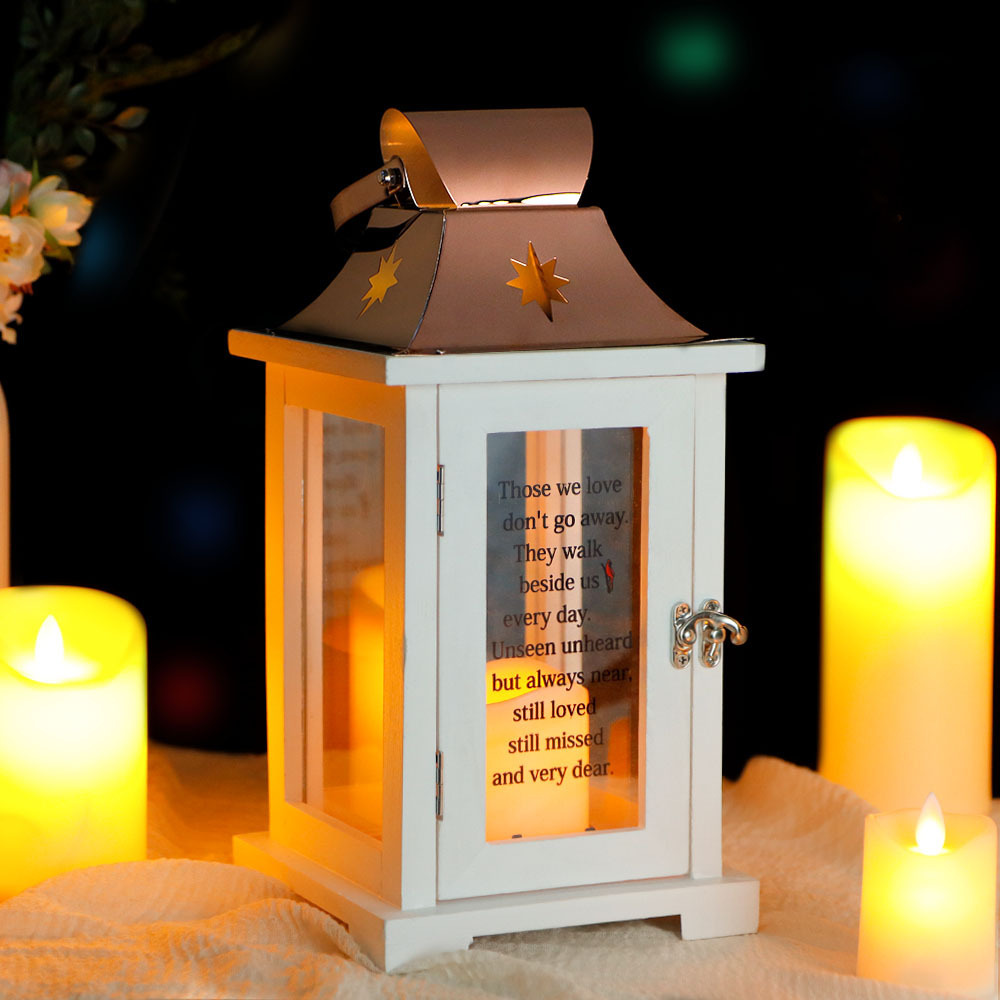 Hot Selling Memorial White Candle Lantern Stainless Steel Top Wooden Candle Holder Include Led Candle