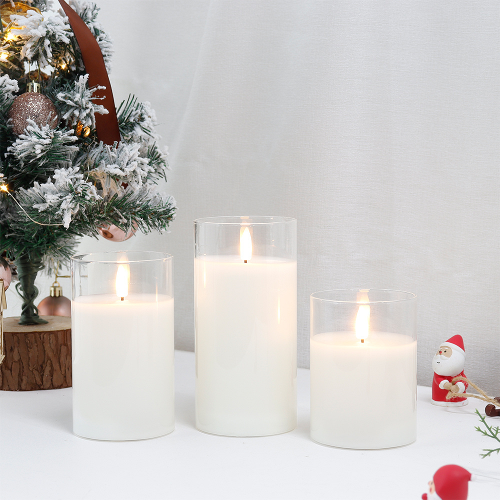 Classic Clear Glass Pillar Flameless Battery Powered Led Candle Set White Paraffin Wax 3D Real Flame Candles with Remote