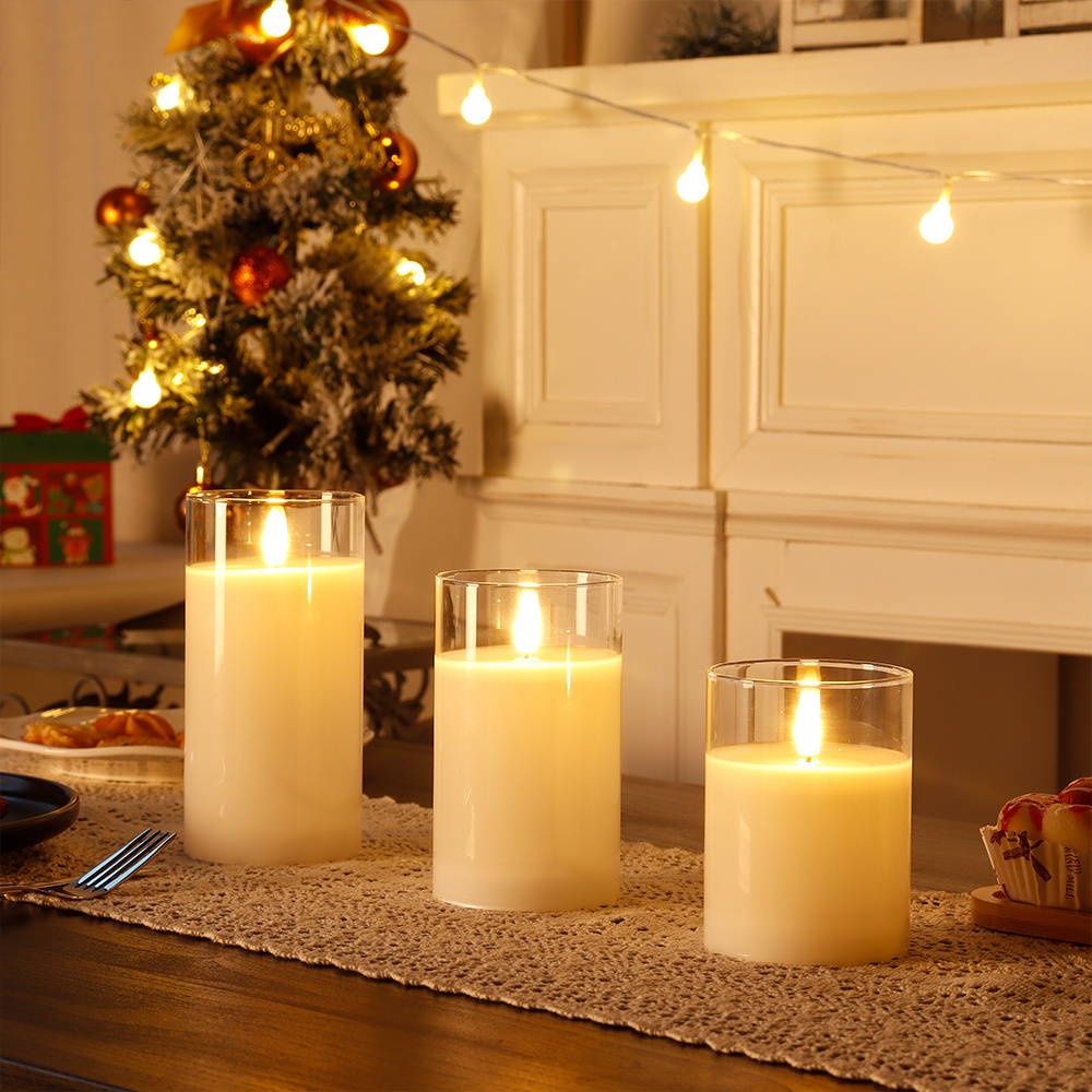 Classic Clear Glass Pillar Flameless Battery Powered Led Candle Set White Paraffin Wax 3D Real Flame Candles with Remote