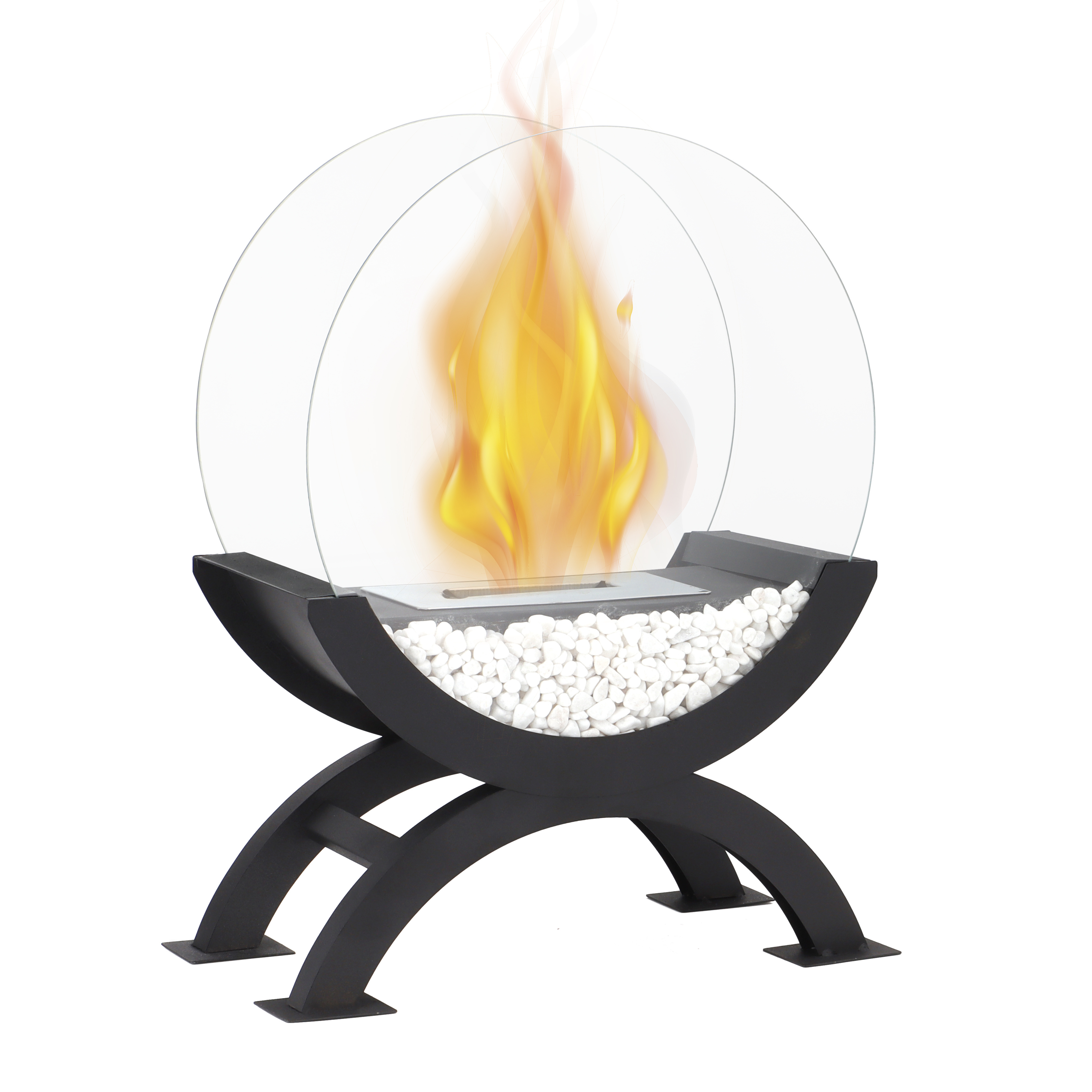 Round Large Floor Ethanol Fireplace Black Iron Decorative Firepit Glass Fireplace With White Stone