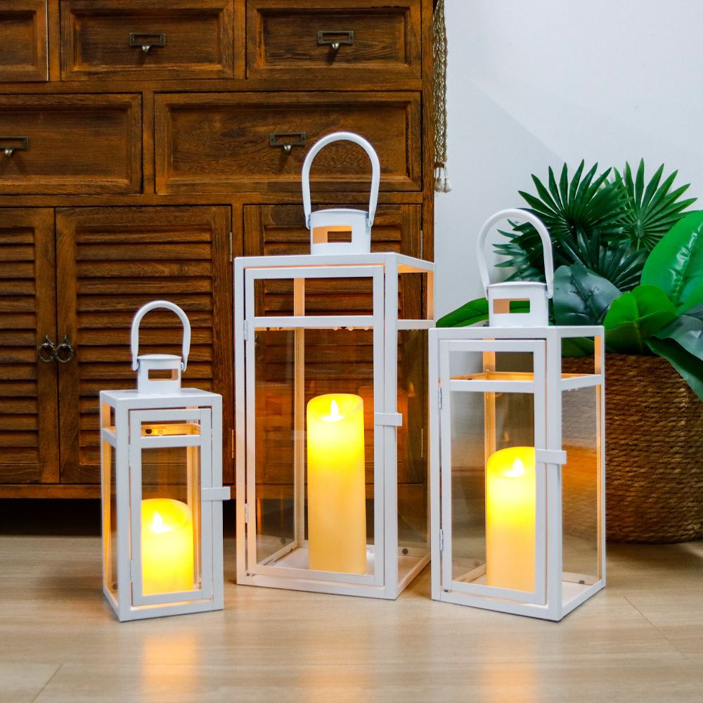 Set of 3 Modern Large Metal White Candle Lantern Garden Hanging Metal Candle Holder Home Outdoor Empty Lanterns For Wedding