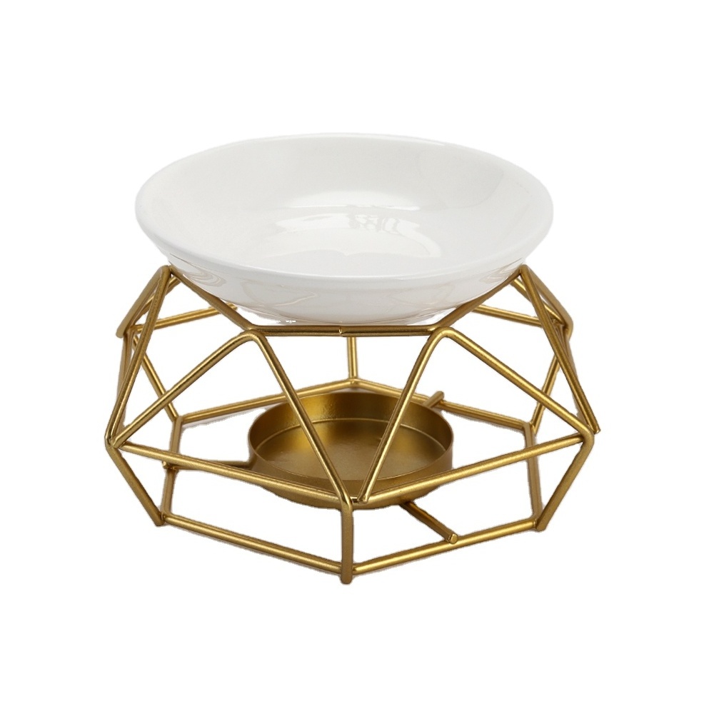 Nordic luxury gold incense iron candlestick geometric metal iron wire candle holder with porcelain dish