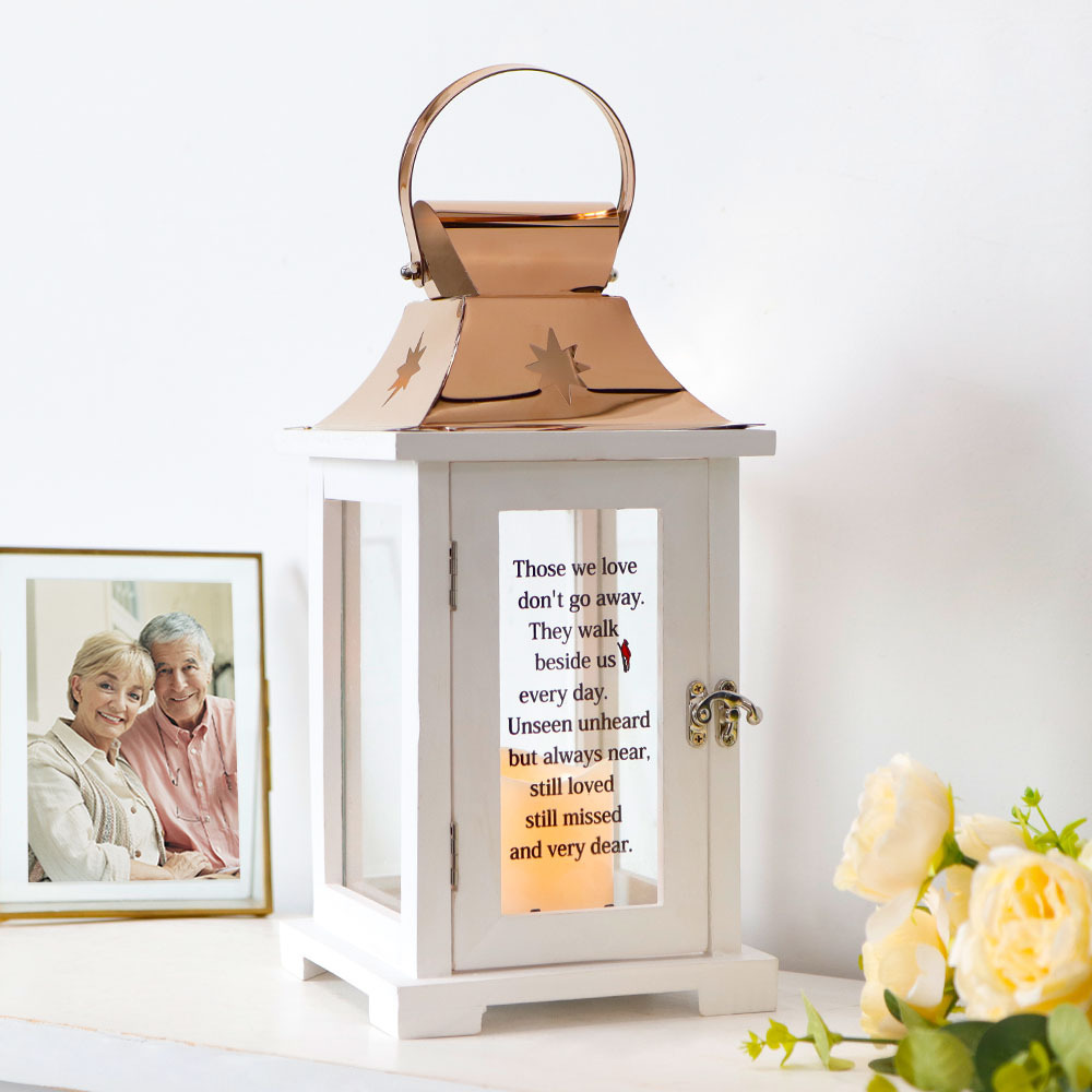 Hot Selling Memorial White Candle Lantern Stainless Steel Top Wooden Candle Holder Include Led Candle