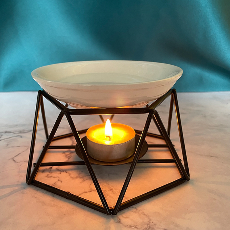 Nordic luxury gold incense iron candlestick geometric metal iron wire candle holder with porcelain dish