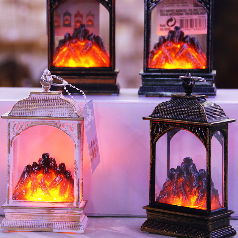 New product christmas decoration supplies fireplace flame led lantern with glitter light and battery for ornament light