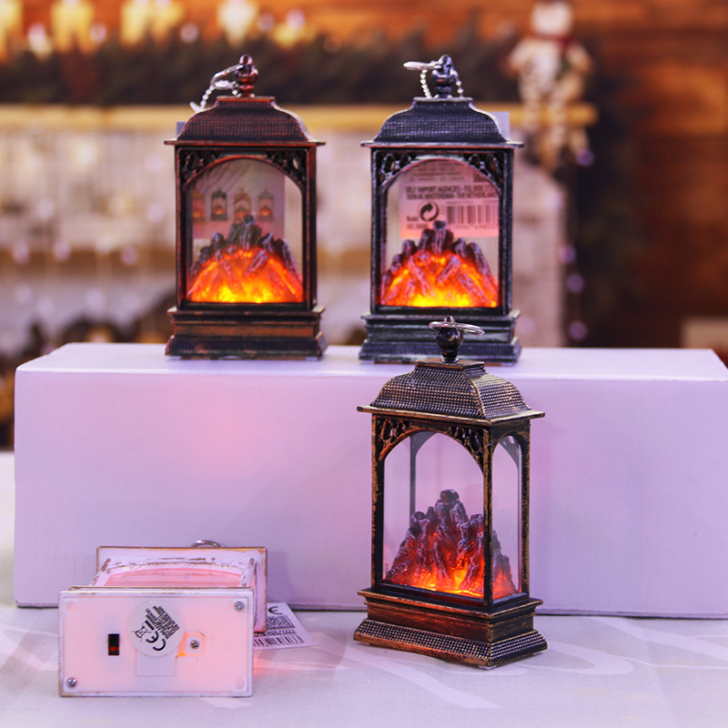 New product christmas decoration supplies fireplace flame led lantern with glitter light and battery for ornament light