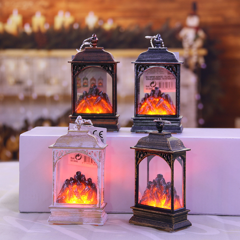 New product christmas decoration supplies fireplace flame led lantern with glitter light and battery for ornament light