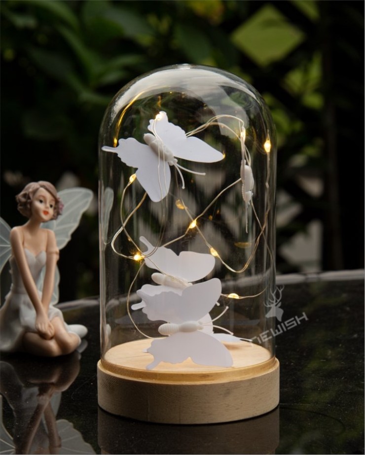 Kanlong Battery Operated Wooden Base Butterfly Glass dome Table Lamp