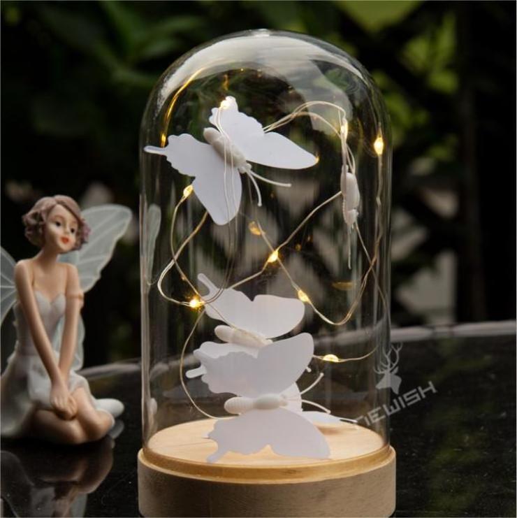 Kanlong Battery Operated Wooden Base Butterfly Glass dome Table Lamp