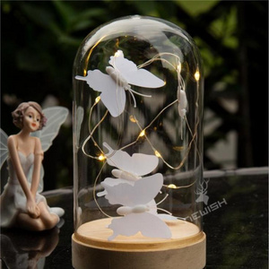 Kanlong Battery Operated Wooden Base Butterfly Glass dome Table Lamp