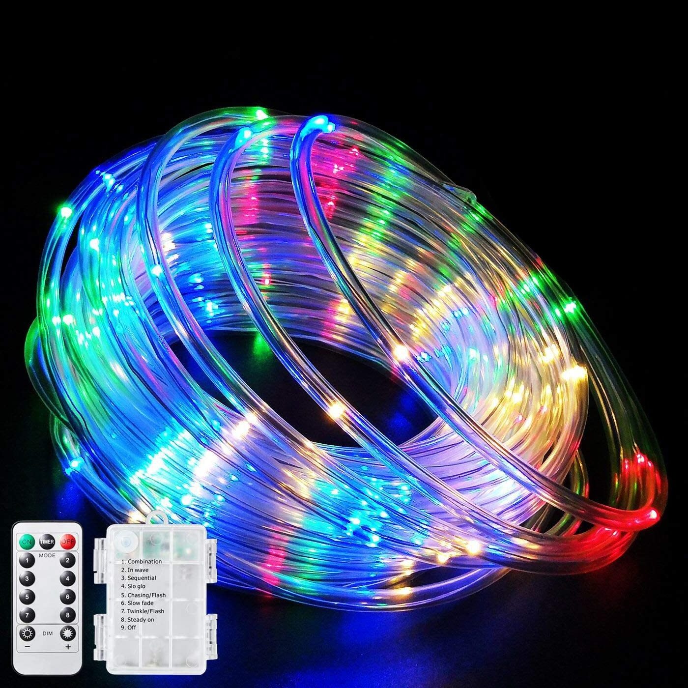 LED Rope Lights Battery Operated String Lights 33Ft 100 LEDs 8 Modes Outdoor Waterproof Fairy Lights Dimmable Timer with Remote